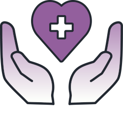 graphic of two hands holding a suspended heart with a medical cross in its center